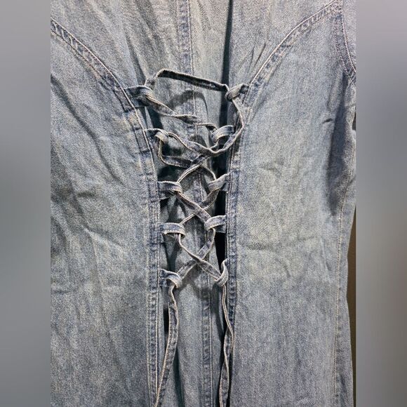 Vintage Cotton Denim Maxi Button Up Maxi dress Sz L Chambray V Neck Short Sleeve - Picture 10 of 13